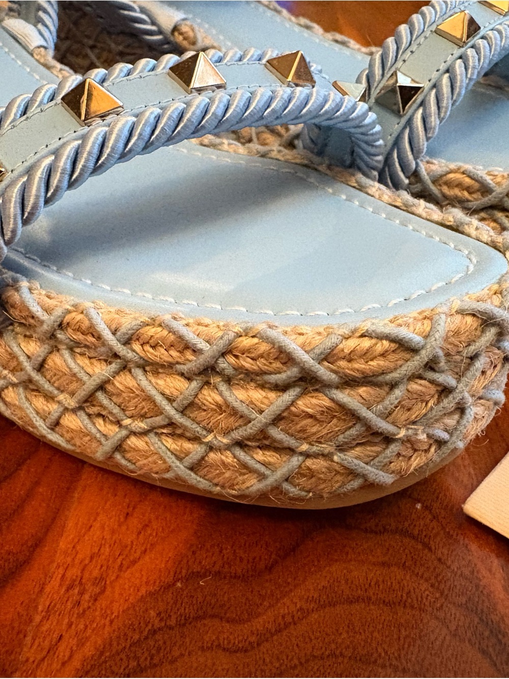 Valentino Garavani Rockstud Torchon Braided Espadrille Sandals, Powder Blue, NEW - Picture 4 of 15